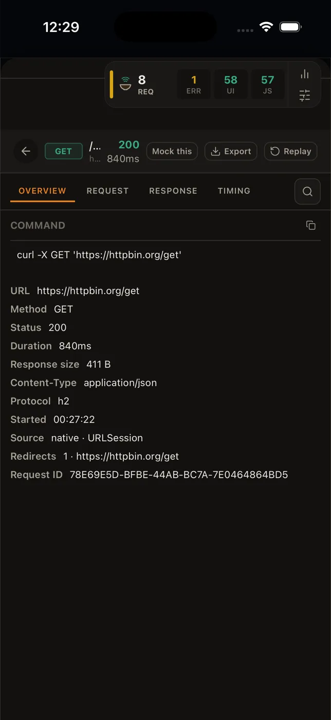 The Hakka inspector on iOS showing a captured request: GET https://httpbin.org/get, status 200, 840ms, with Mock this / Export / Replay actions and Overview / Request / Response / Timing tabs. The floating bubble above shows live request, error, UI-FPS and JS-FPS counters.